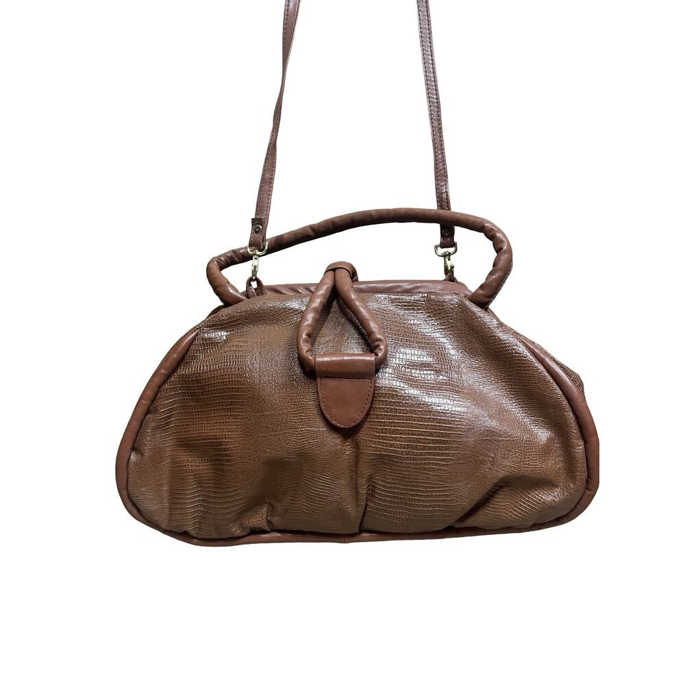 Vintage 80's Hinged Top Faux Snakeskin Brown Leather Poufy Avant Garde Purse